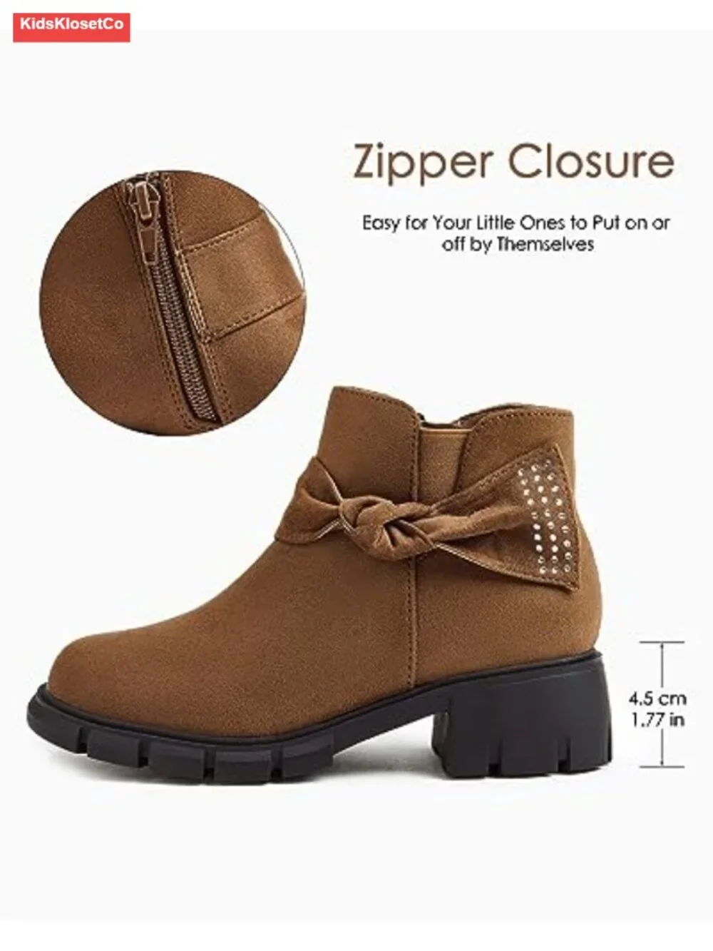 Girls Ankle Boots Block Heel Glitter Bow Zipper Chelsea Booties